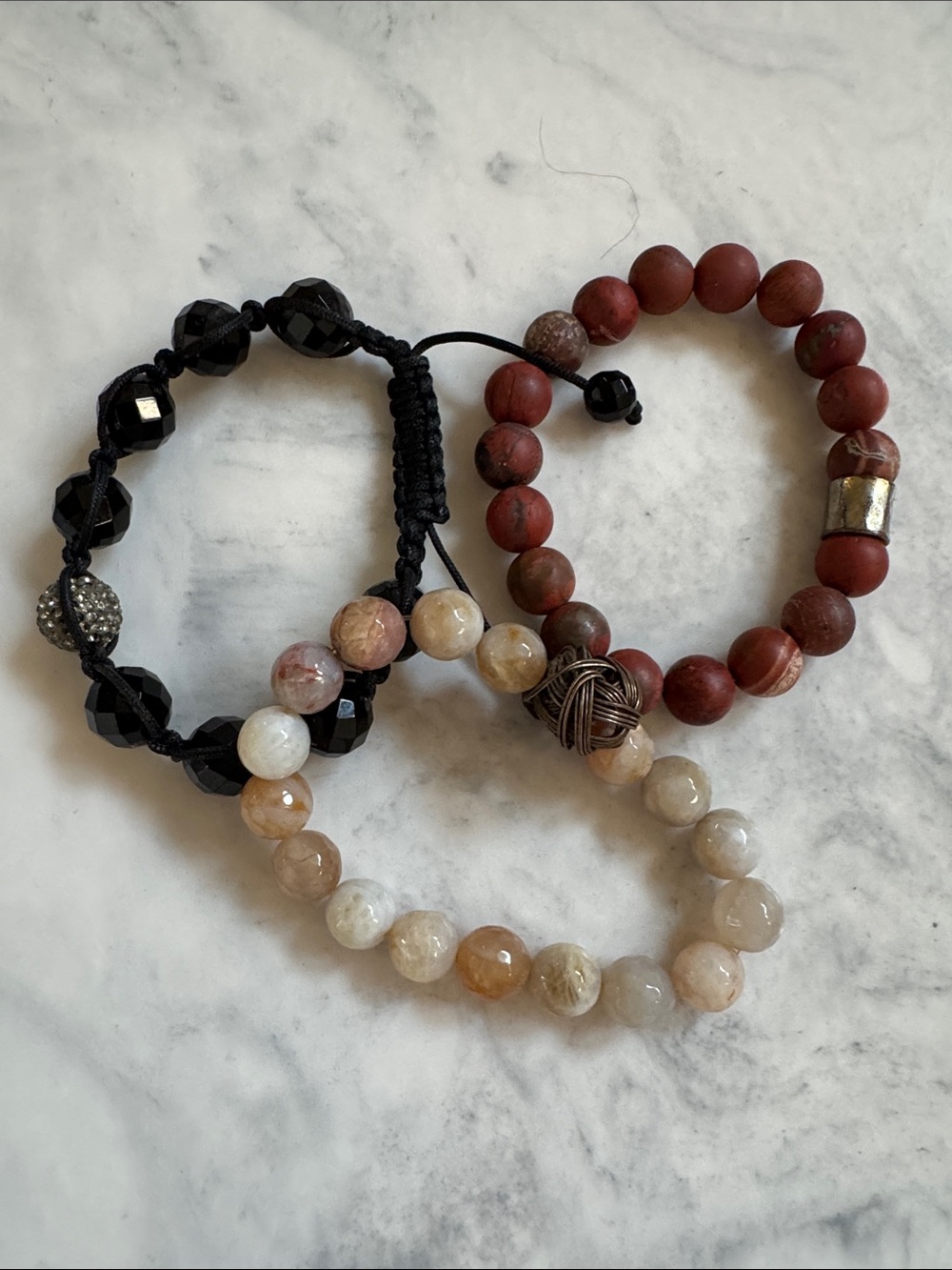 Set of 3 Beaded Stretch Bracelets - Black, Red, Beige